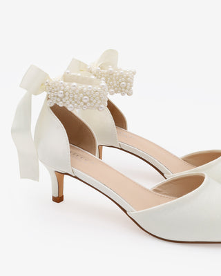 Ivory Satin Pointy Toe Kitten Low Heel with Perla Ankle Strap