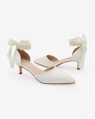 Ivory Satin Pointy Toe Kitten Low Heel with Perla Ankle Strap