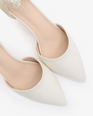 Ivory Satin Pointy Toe Kitten Low Heel with Perla Ankle Strap
