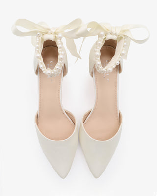 Ivory Satin Pointy Toe Kitten Low Heel with Perla Ankle Strap