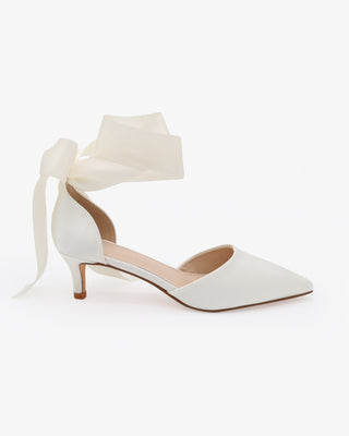 Ivory Satin Pointy Toe Kitten Low Heel with Wrapped Satin Ribbon Tie