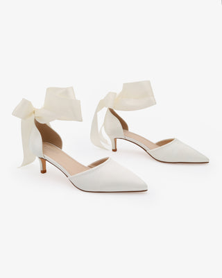 Ivory Satin Pointy Toe Kitten Low Heel with Wrapped Satin Ribbon Tie