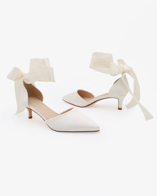 Ivory Satin Pointy Toe Kitten Low Heel with Wrapped Satin Ribbon Tie