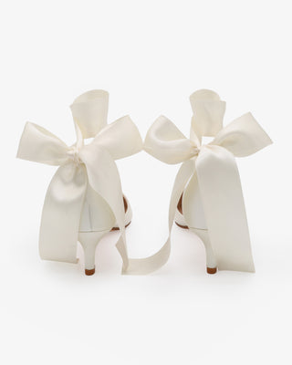 Ivory Satin Pointy Toe Kitten Low Heel with Wrapped Satin Ribbon Tie