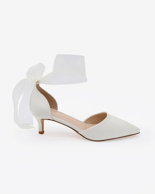 Ivory Satin Pointy Toe Kitten Low Heel with Wrapped Sheer Ribbon Tie