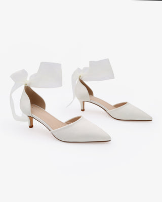 Ivory Satin Pointy Toe Kitten Low Heel with Wrapped Sheer Ribbon Tie