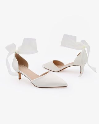 Ivory Satin Pointy Toe Kitten Low Heel with Wrapped Sheer Ribbon Tie