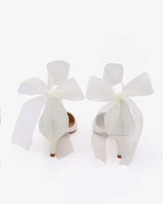 Ivory Satin Pointy Toe Kitten Low Heel with Wrapped Sheer Ribbon Tie