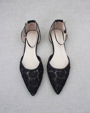 Crochet Lace Pointy Toe Flats with Ankle Strap