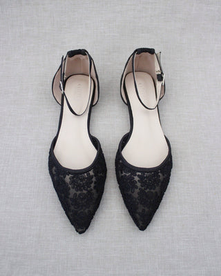 Crochet Lace Pointy Toe Flats with Ankle StrapWomen Shoes