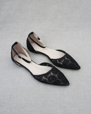Crochet Lace Pointy Toe Flats with Ankle StrapWomen Shoes