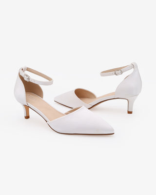 White Satin Pointy Toe Kitten Low Heel Wedding Shoes