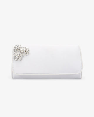 White Satin Wedding Clutch with 3 Rhinestones Chassia Flowers