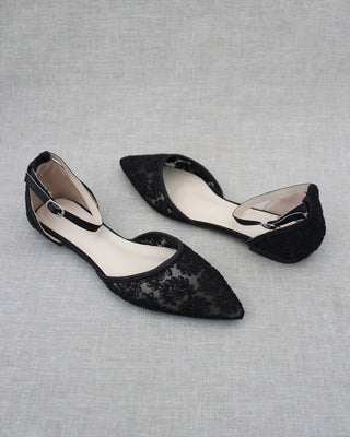 Crochet Lace Pointy Toe Flats with Ankle StrapWomen Shoes