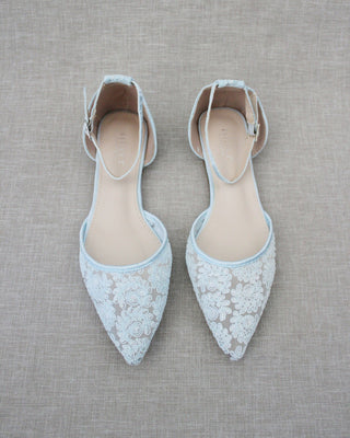 Crochet Lace Pointy Toe Flats with Ankle Strap