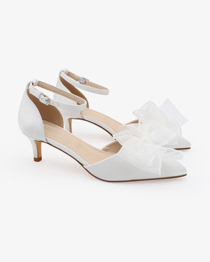 Satin Pointy Toe Wedding Kitten Low Heel with Layered Organza Bow
