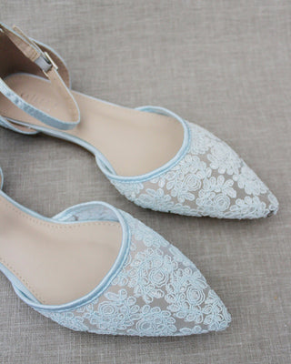 Crochet Lace Pointy Toe Flats with Ankle Strap