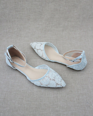 Crochet Lace Pointy Toe Flats with Ankle Strap