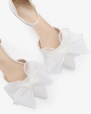 White Satin Pointy Toe Wedding Kitten Low Heel with Layered Organza Bow