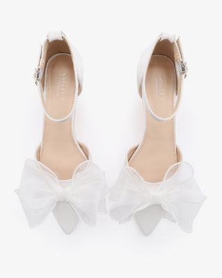White Satin Pointy Toe Wedding Kitten Low Heel with Layered Organza Bow