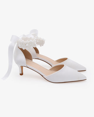 White Satin Pointy Toe Kitten Low Heel with Perla Ankle Strap