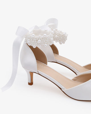 White Satin Pointy Toe Kitten Low Heel with Perla Ankle Strap