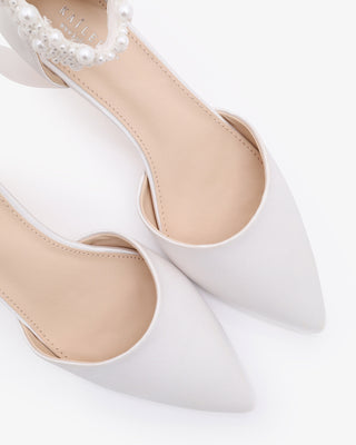 White Satin Pointy Toe Kitten Low Heel with Perla Ankle Strap