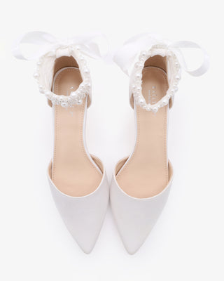 White Satin Pointy Toe Kitten Low Heel with Perla Ankle Strap