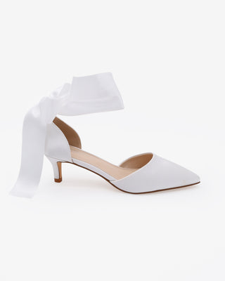 White Satin Pointy Toe Kitten Low Heel with Wrapped Satin Ribbon Tie