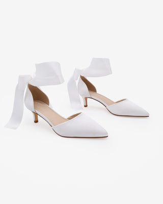 White Satin Pointy Toe Kitten Low Heel with Wrapped Satin Ribbon Tie