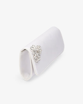 White Satin Wedding Clutch with 3 Rhinestones Chassia Flowers
