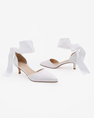 White Satin Pointy Toe Kitten Low Heel with Wrapped Satin Ribbon Tie