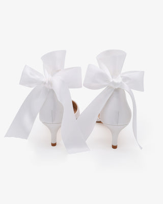 White Satin Pointy Toe Kitten Low Heel with Wrapped Satin Ribbon Tie
