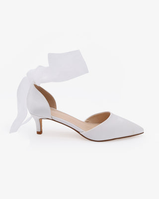 White Satin Pointy Toe Kitten Low Heel with Wrapped Sheer Ribbon Tie