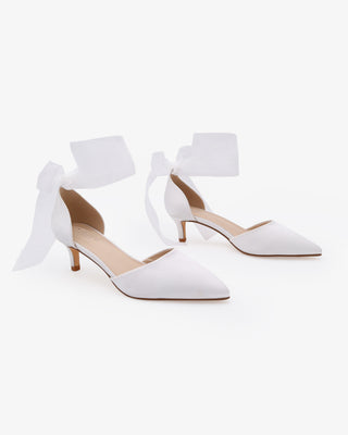 White Satin Pointy Toe Kitten Low Heel with Wrapped Sheer Ribbon Tie