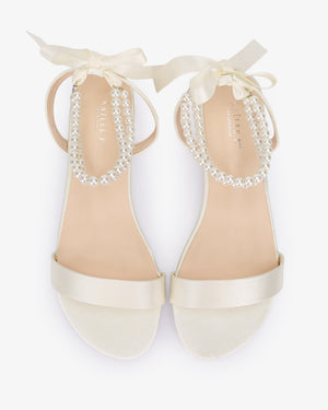 Satin Wedding Flat Sandal with Double Pearls Strap