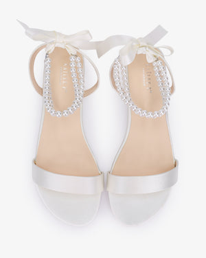 Satin Wedding Flat Sandal with Double Pearls Strap