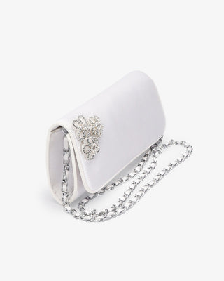 White Satin Wedding Clutch with 3 Rhinestones Chassia Flowers