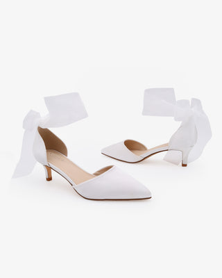 White Satin Pointy Toe Kitten Low Heel with Wrapped Sheer Ribbon Tie