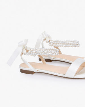 Satin Wedding Flat Sandal with Double Pearls Strap