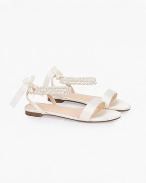 Satin Wedding Flat Sandal with Double Pearls Strap
