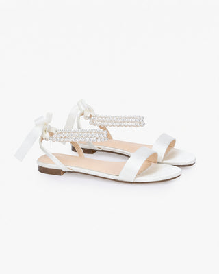 Satin Wedding Flat Sandal with Double Pearls Strap