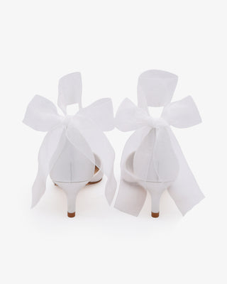 White Satin Pointy Toe Kitten Low Heel with Wrapped Sheer Ribbon Tie
