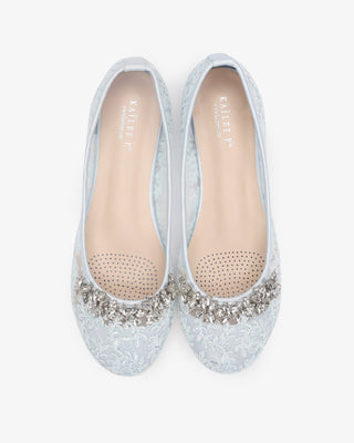 Light Blue Crochet Lace Round Toe Wedding Flats with Floral Rhinestones, Bridal Shoes