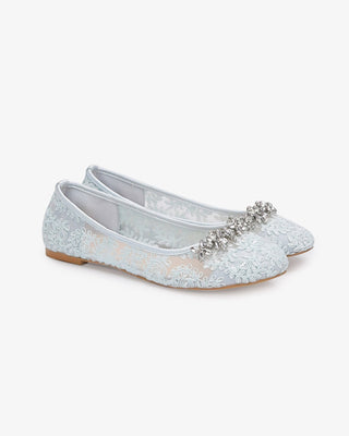 Light Blue Crochet Lace Round Toe Wedding Flats with Floral Rhinestones, Bridal Shoes