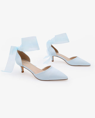Satin Pointy Toe Kitten Low Heel with Wrapped Ankle Tie