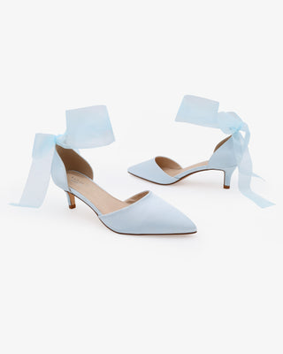 Light Blue Satin Pointy Toe Kitten Low Heel with Wrapped Sheer Ribbon Tie