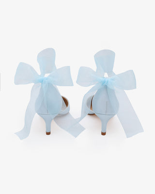 Light Blue Satin Pointy Toe Kitten Low Heel with Wrapped Sheer Ribbon Tie
