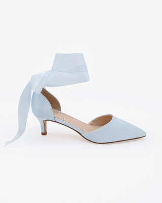 Light Blue Satin Pointy Toe Kitten Low Heel with Wrapped Sheer Ribbon Tie
