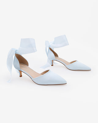 Satin Pointy Toe Kitten Low Heel with Wrapped Ankle Tie